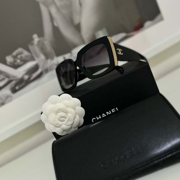 CHANEL Accessories - CHANEL Black Square Sunglasses with Gold Accents